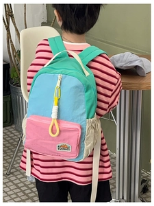 Close-up of children's color-block backpack showing vibrant stitching and texture