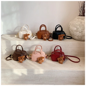 Mini PU leather bowling bags for children in six colors with bear charms and straps