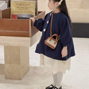 Fashionable girls' dark blue wool coat with leopard print mini bag and lace dress outfit