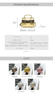 Detailed size specifications and color options for the glossy mini metallic crossbody bag