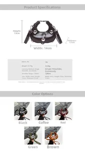 Detailed size chart of the rivet mini crescent bag with five color options for women