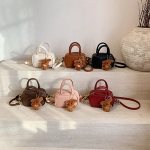 Kids Mini Bowling Bag PU Leather Letter Embossed Shoulder Handbag With Bear Keychain Toddler Girls Korean Style