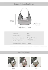 Detailed size chart for minimalist PU leather crescent bag with dimensions in centimeters
