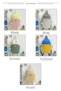 Detailed grid display of nylon travel backpacks in five vibrant color-block combinations