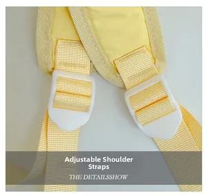 Detail of adjustable high-density nylon shoulder strap on yellow children school backpack