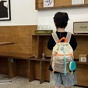 Kids color-block backpack with drawstring, round coin purse, and multi-layer storage