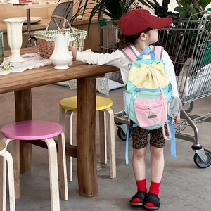 Kids colorful patchwork drawstring backpack with mint green and pink panels