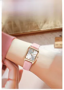 Close-up of GEDI elegant women watch with rectangular rose gold case and pink leather strap