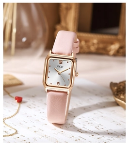 Detail of GEDI square rose gold quartz watch with pink leather strap on music sheet