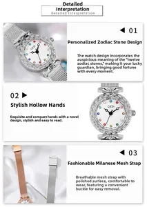Detail of elegant ladies watch with colorful birthstone dial and Milanese mesh band