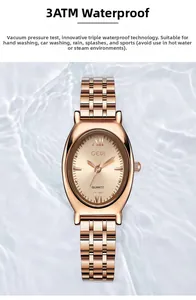 Detail van 3ATM waterbestendigheid van roségoud ovaal horloge met watergolfeffecten