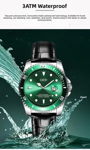 Detail der GEDI Taucheruhr mit grünem Zifferblatt und wasserdichtem Spritzeffekt