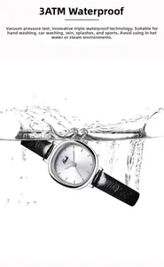 3ATM waterproof silver square watch for women with black leather strap in water splash