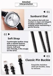 Detail of Gedi women watch featuring silver sunray dial with black leather strap and buckle