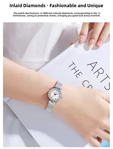 Close-up of elegant silver quartz watch with 12-color gemstone markers on Milanese strap