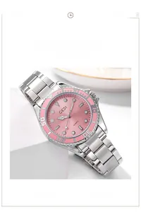 Close-up of GEDI women's watch with pink sunray dial and silver stainless steel band