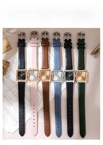 Minimalist square quartz watches for women with leather straps in six assorted colors