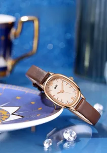Retro oval quartz watch with brown leather strap displayed on elegant blue ceramic dish
