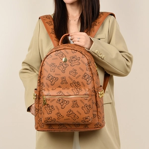 Sac à dos marron pour femme avec imprimé ours et grande capacité sur blazer beige
