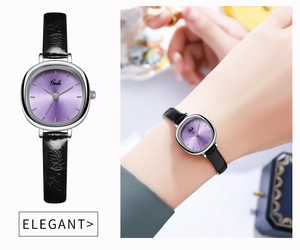 Detail of Gedi quartz watch with purple sunburst dial and black leather strap