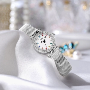 Women Fashion Quartz Watch Engraved Case Colorful Rhinestone Hour Markers Stainless Steel Mesh Strap Waterproof Elegant