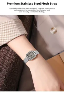Detail view of GEDI silver square watch with textured stainless steel mesh strap on wrist