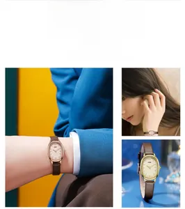 Detail of elegant oval rose gold watch case with Roman numerals and leather strap