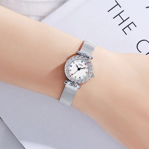 Elegant quartz watch for women with silver mesh strap and colorful dot hour markers