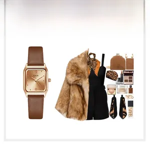 Flat lay of a vintage square quartz watch with brown leather strap and elegant accessories