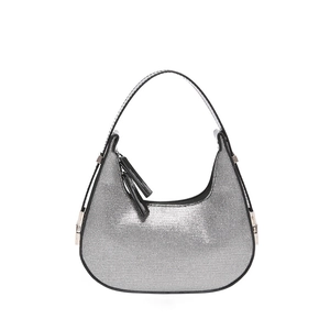 Sparkling silver hobo moon bag with rhinestones and black leather contrast handles