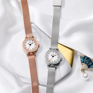 Elegant women's quartz watches with colorful crystal markers and Milanese mesh steel straps