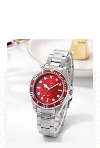 Macro detail of GEDI quartz watch with silver steel band and vibrant red dial