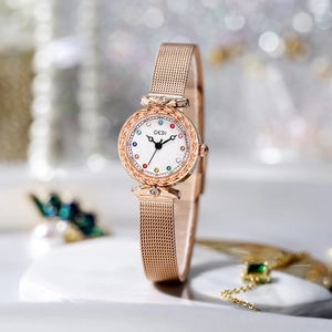 Luxury rose gold women watch with colorful crystal markers and mesh steel band