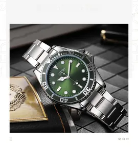 Close-up of luxury men's quartz watch featuring a green sunray dial and silver steel strap