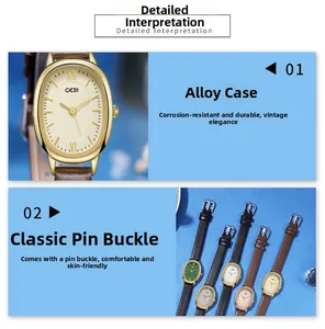 Detail view of oval alloy case and leather straps for vintage quartz watches