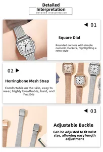 Close-up of square dial with numeric markers and herringbone metal mesh watch strap