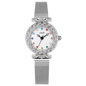 Elegant GEDI women's quartz watch with silver mesh strap and colorful rhinestone markers