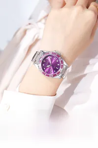 Close-up of GEDI women's quartz watch featuring purple sunray dial and silver steel strap