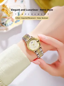 Detailed shot of two-tone stainless steel watch with G-shaped case and woven dial texture