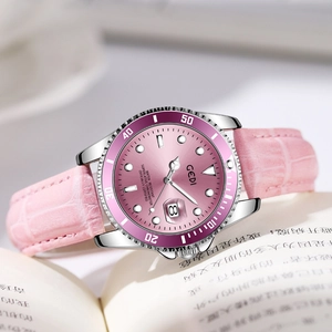 GEDI Luxus Damenuhr mit rosa Lederarmband und lila drehbarer Taucherlünette