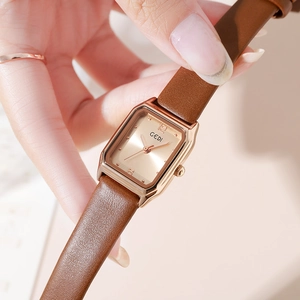 Elegant women's rectangular rose gold quartz watch with brown leather strap