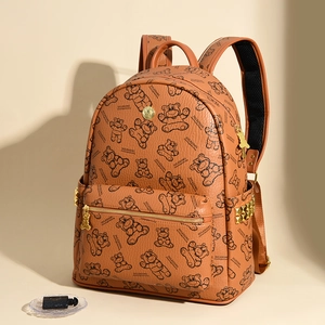 Sac À Dos Mode Femme En Cuir PU Grande Capacité Imprimé Ours Dessin Animé Sac D'école Décontracté Pour Dames