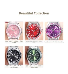 Luminous quartz watch collection featuring five colorful dials with diamond-set bezels