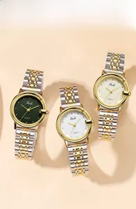 Detailed view of luxury stainless steel quartz watches with bicolor bands in three colors