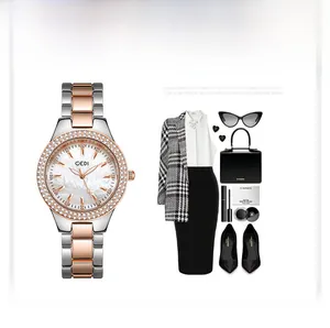 Détail de la montre femme sertie de diamants avec bracelet bicolore et suggestion de tenue