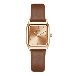 Elegant GEDI women's quartz watch with a rose gold rectangular case and brown leather strap