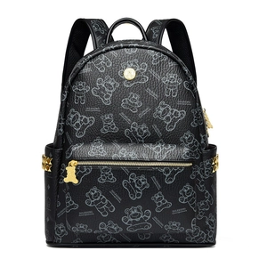 Sac à dos noir à imprimé ours de dessin animé avec grande capacité et clous dorés