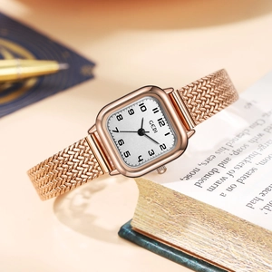 Elegant square rose gold watch with white dial and stainless steel mesh band for women
