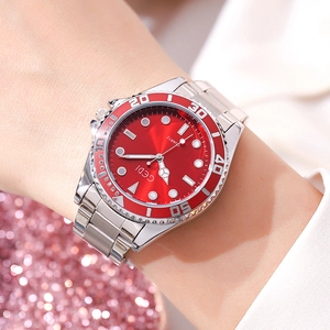 GEDI fashion quartz watch for men featuring a red sunray dial and silver stainless steel band