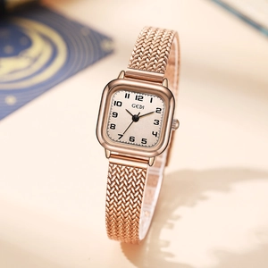 Elegant rose gold square watch with wheat-ear mesh strap and minimalist gold dial